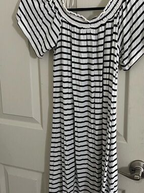 Massimo Black and White Striped Off-Shoulder Dress
